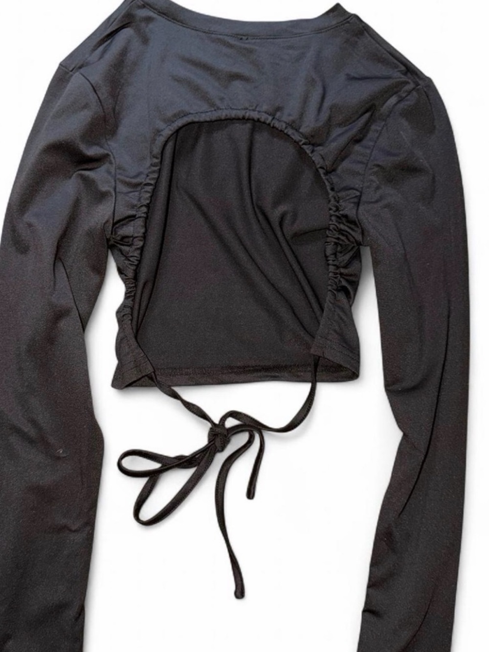Black Long-Sleeve Ruched Open-Back Crop Top